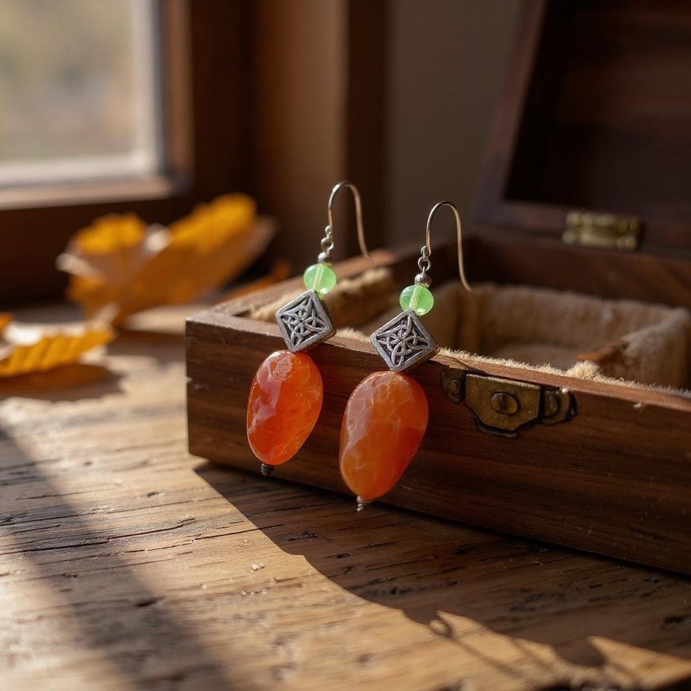 Celtic Style Earrings with Jadite and Snakeskin Agate - Picture 3 of 7